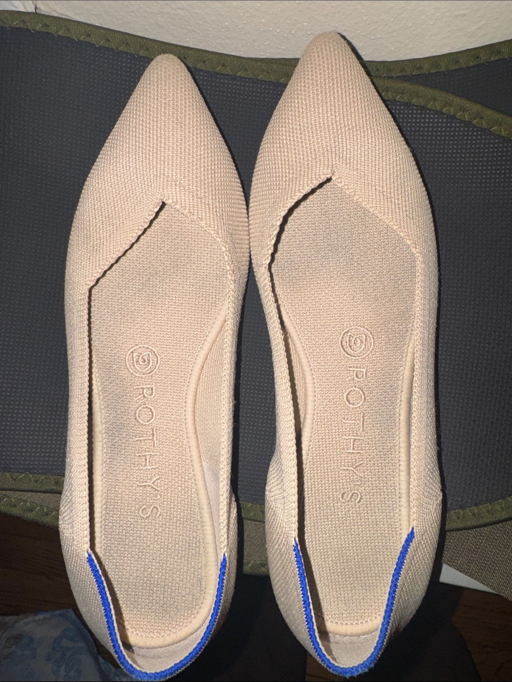 Rothy's Pointed Toe Flats in Blush with Blue Heel Trim